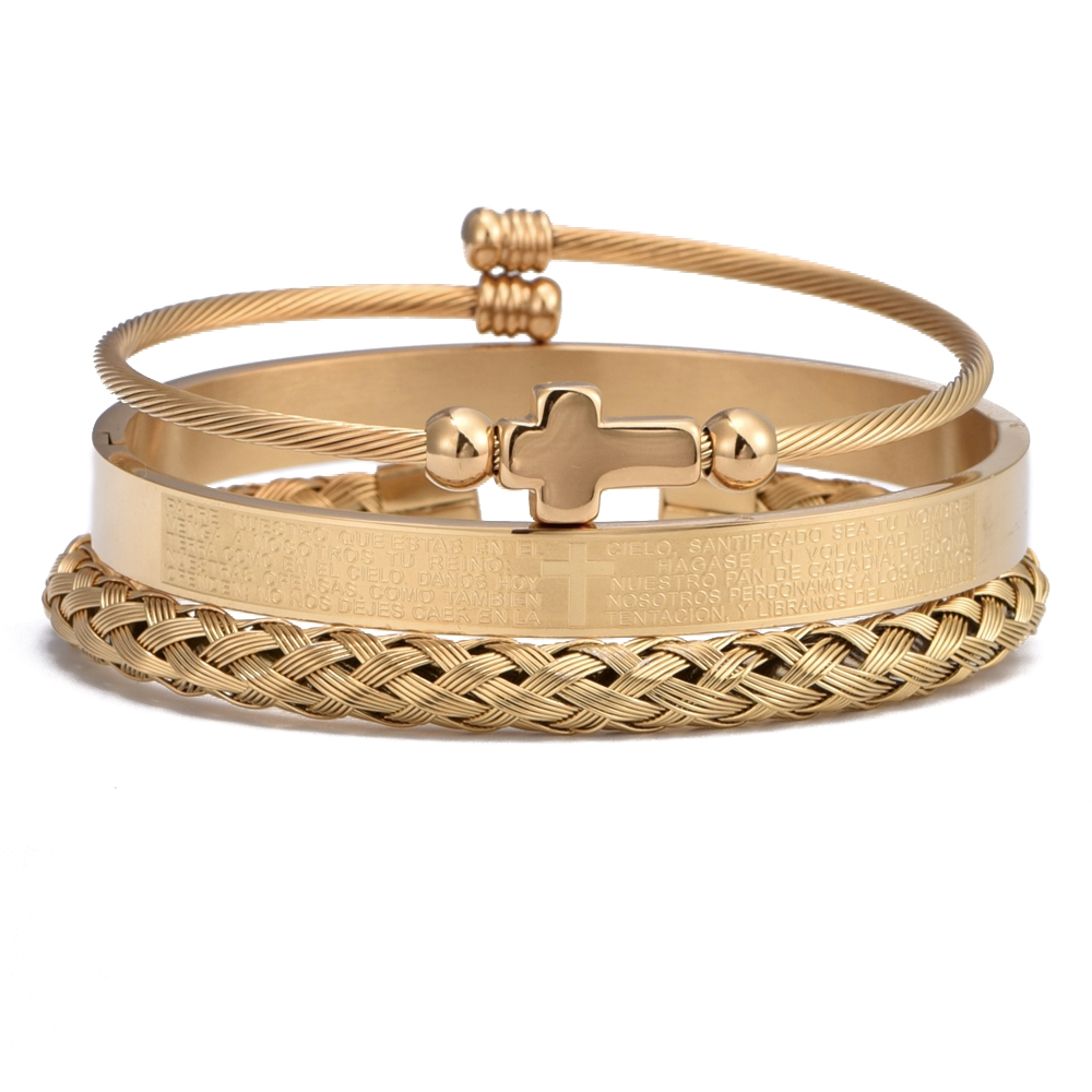 Pulsera Roman con Crucifijo y Letra del Padre Nuestro Chapada en Oro de 18K