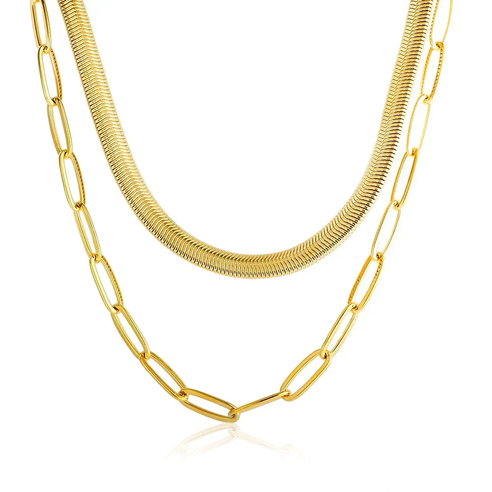 Collar Doble de Malla y Eslabones Chapado en Oro de 18K